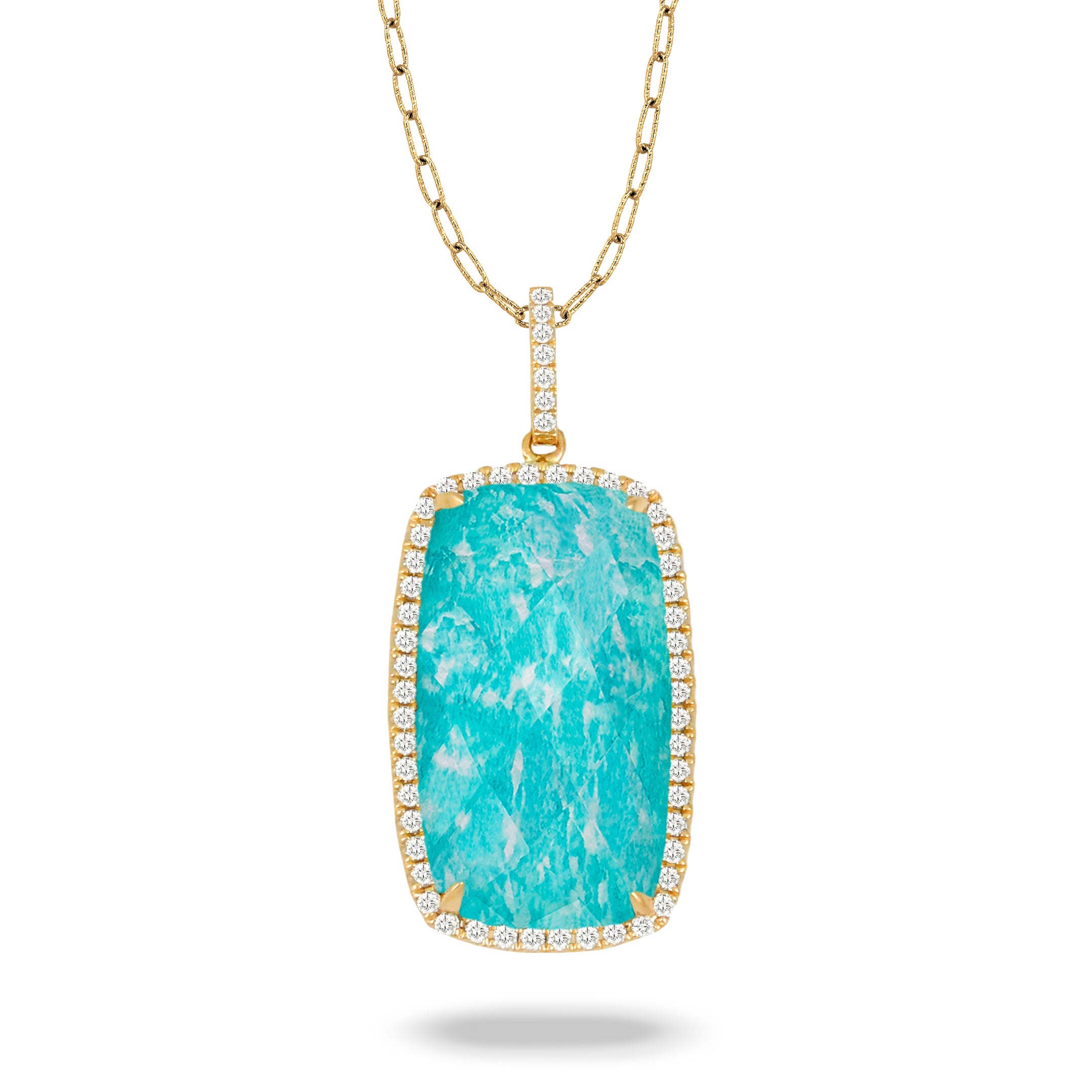 Front view of 18K yellow gold pendant with 16.06 ct amazonite center and diamond halo on white background
