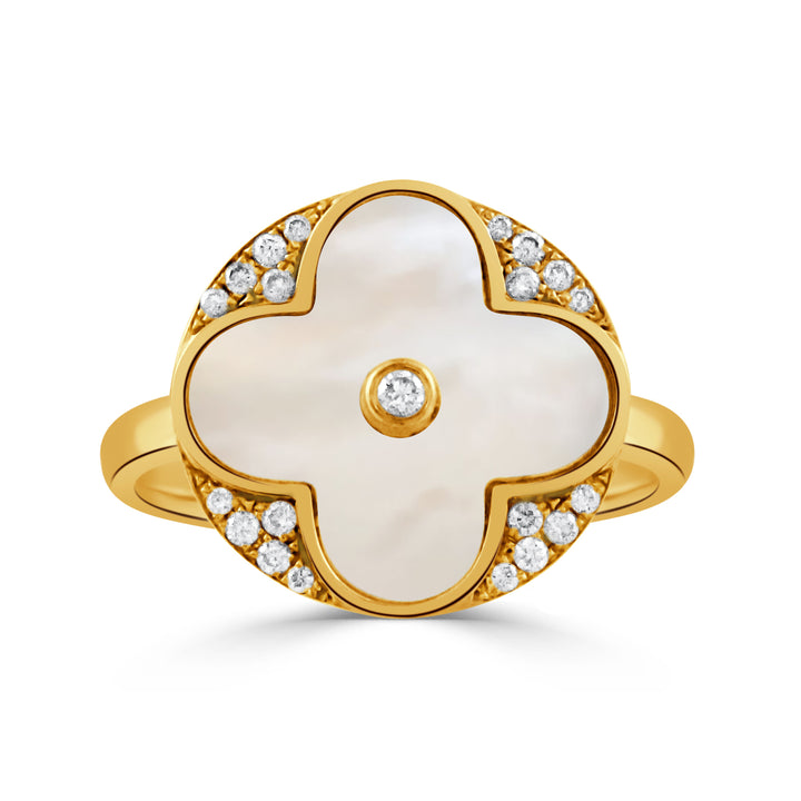 18K Yellow Gold Clover Ring with Carved White Mother of Pearl