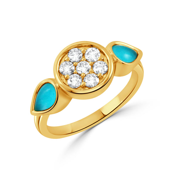 18K Yellow Gold Diamond Ring with Cabochon Cut Turquoise