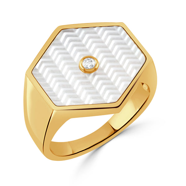 18K Yellow Gold Diamond Ring with Carved White Mother of Pearl