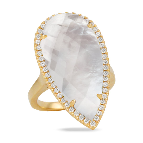 Diamond Ring with Clear Quartz over White Mother of Pearl