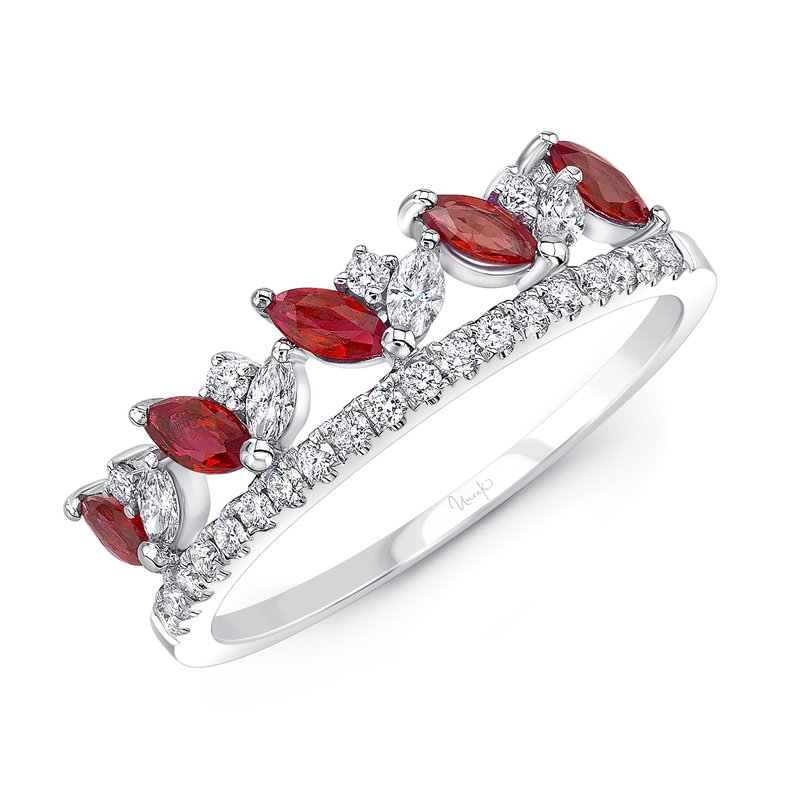 Angled top view of Ruby and Diamond fashion ring showcasing marquise rubies and pavé round diamonds on a white background