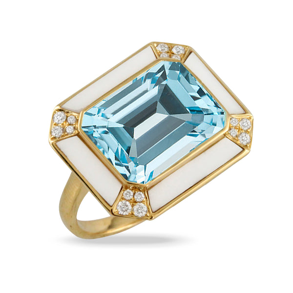 Diamond Ring with Sky Blue Topaz Center and White Agate Border