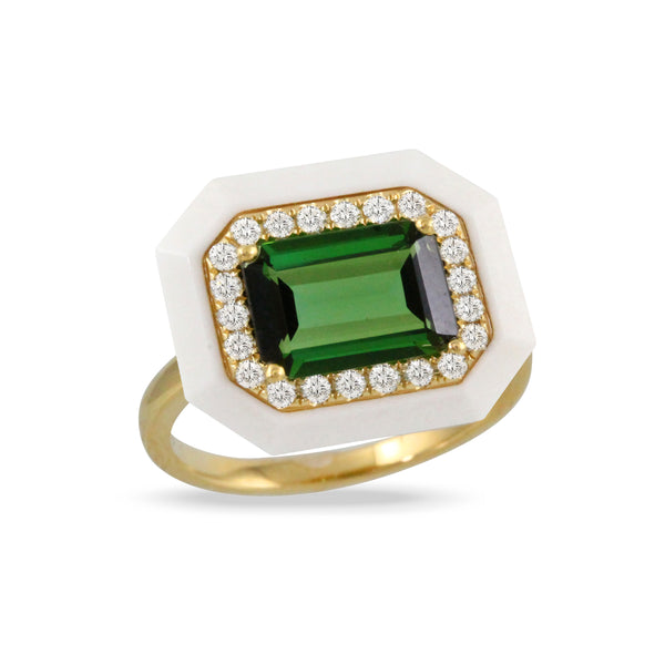 18K Yellow Gold Diamond Ring With White Agate And Green Tourmaline