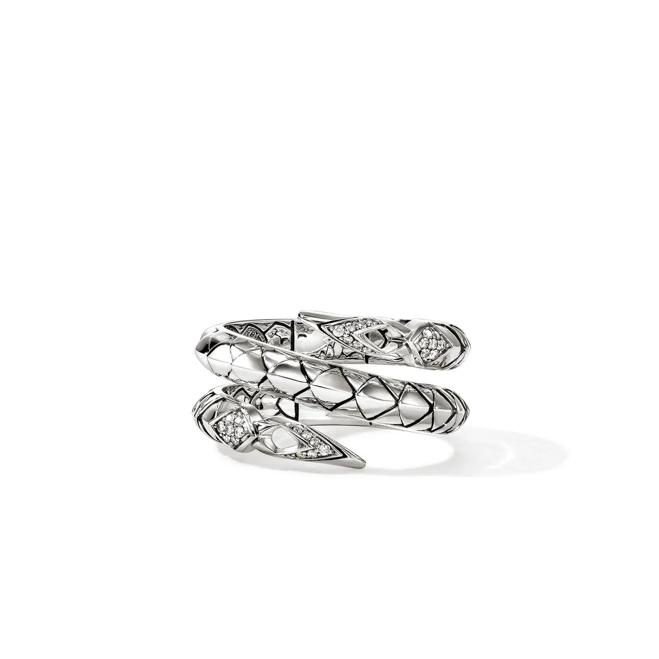 Silver snake-shaped ring with diamonds on a white background