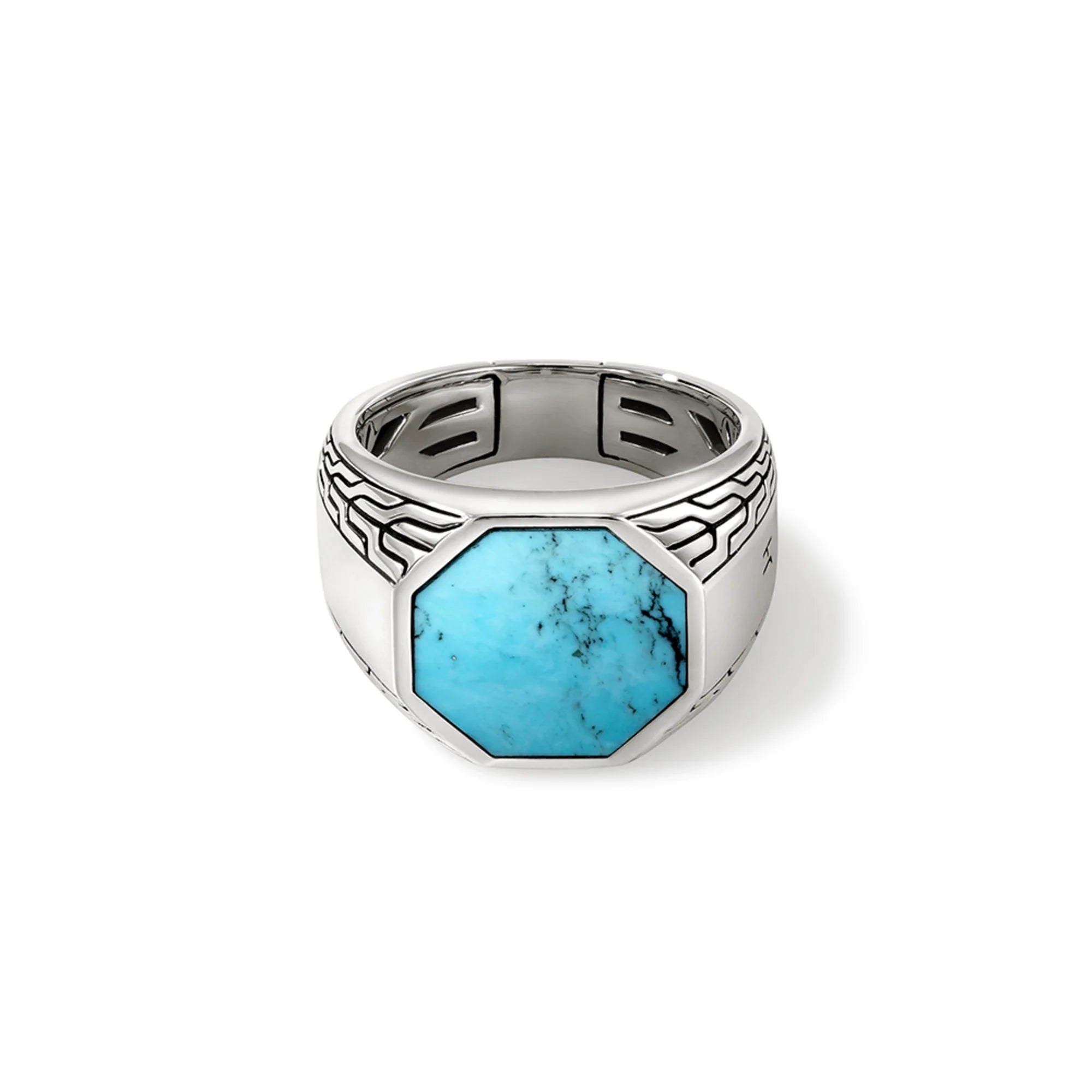 Front view of Turquoise Signet Ring showcasing octagonal turquoise face and hand-carved sterling silver band on white background