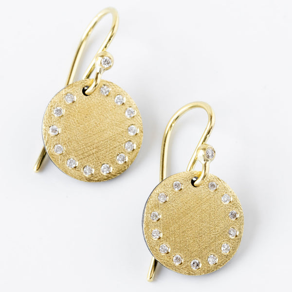 18K Yellow Gold and Sterling Silver Diamond Disc Earrings