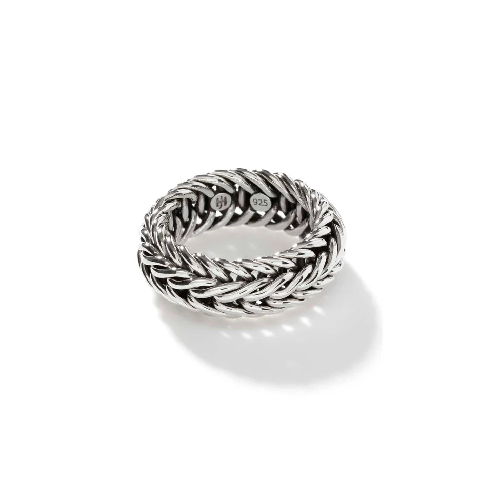 Braided sterling-silver band ring with visible interior '925' hallmark