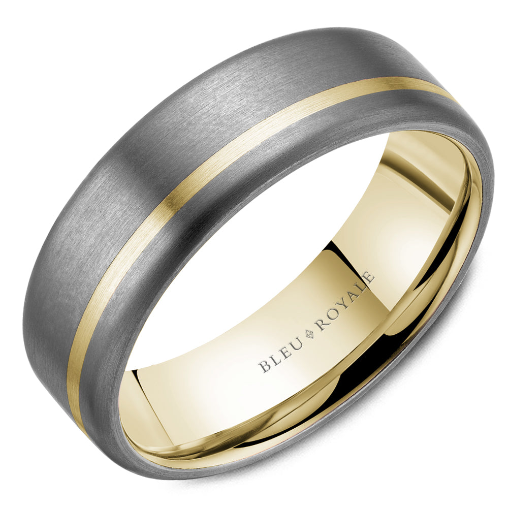 Brushed tantalum ring with thin 14K yellow gold inlay and polished yellow gold interior engraved 'BLEU ROYALE'