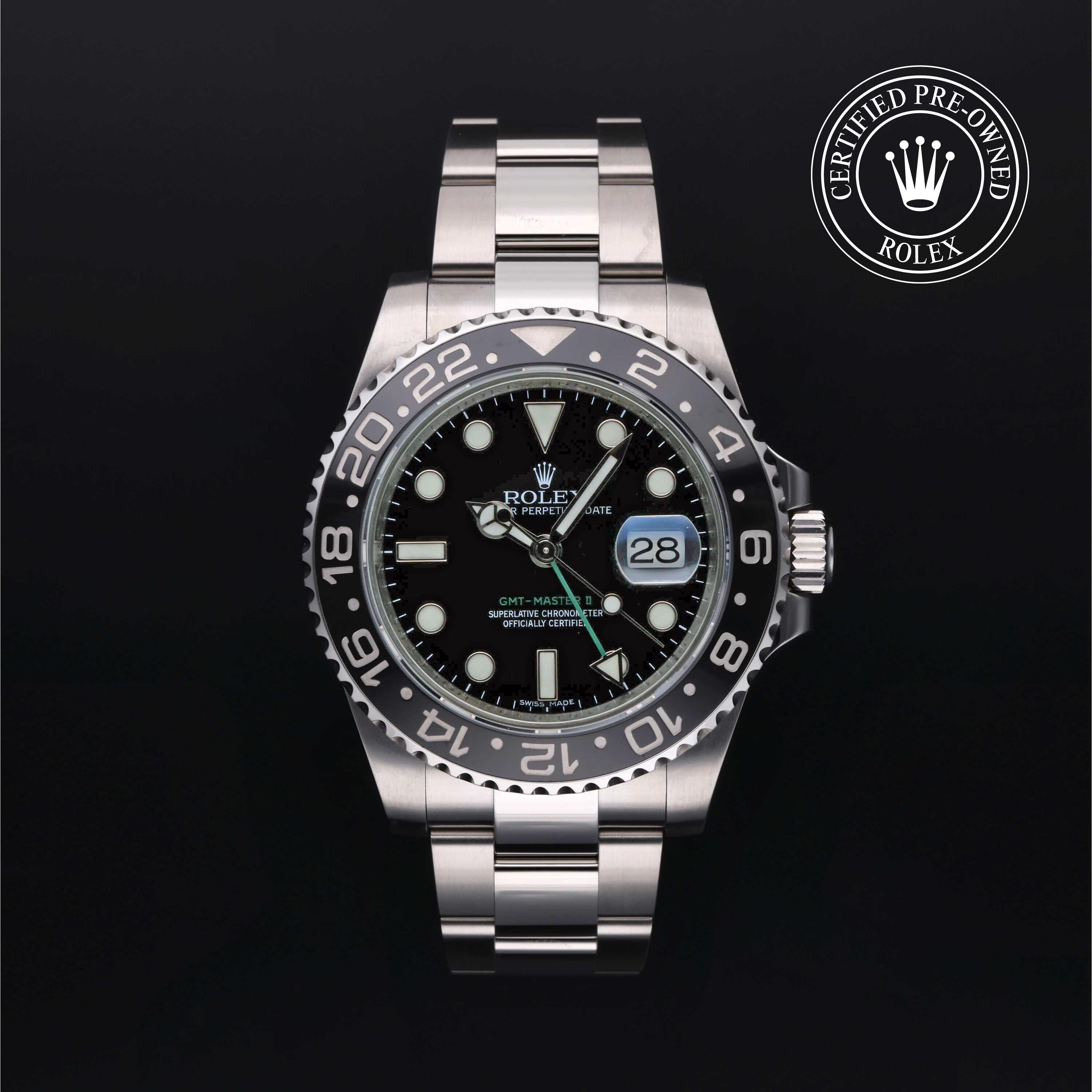 Rolex watch with black dial and silver bracelet on a dark background, featuring a Certified Pre-Owned Rolex logo.