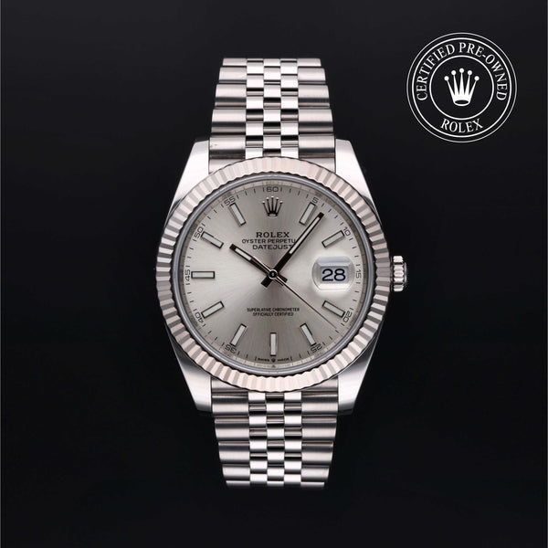 Two-tone Rolex Datejust 41 with grey dial, green Roman numerals, date 28, CERTIFIED PRE-OWNED ROLEX seal
