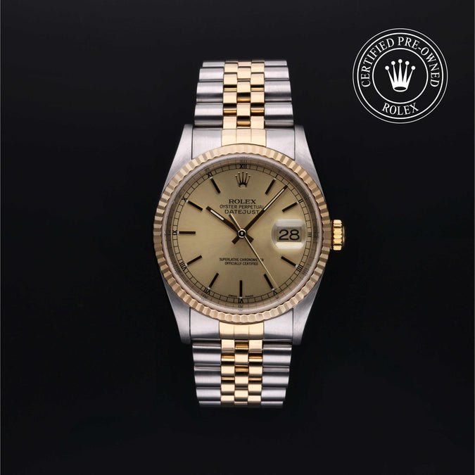 Two-tone Rolex watch with gold and silver band on a black background, featuring a 'Certified Pre-Owned Rolex' label.