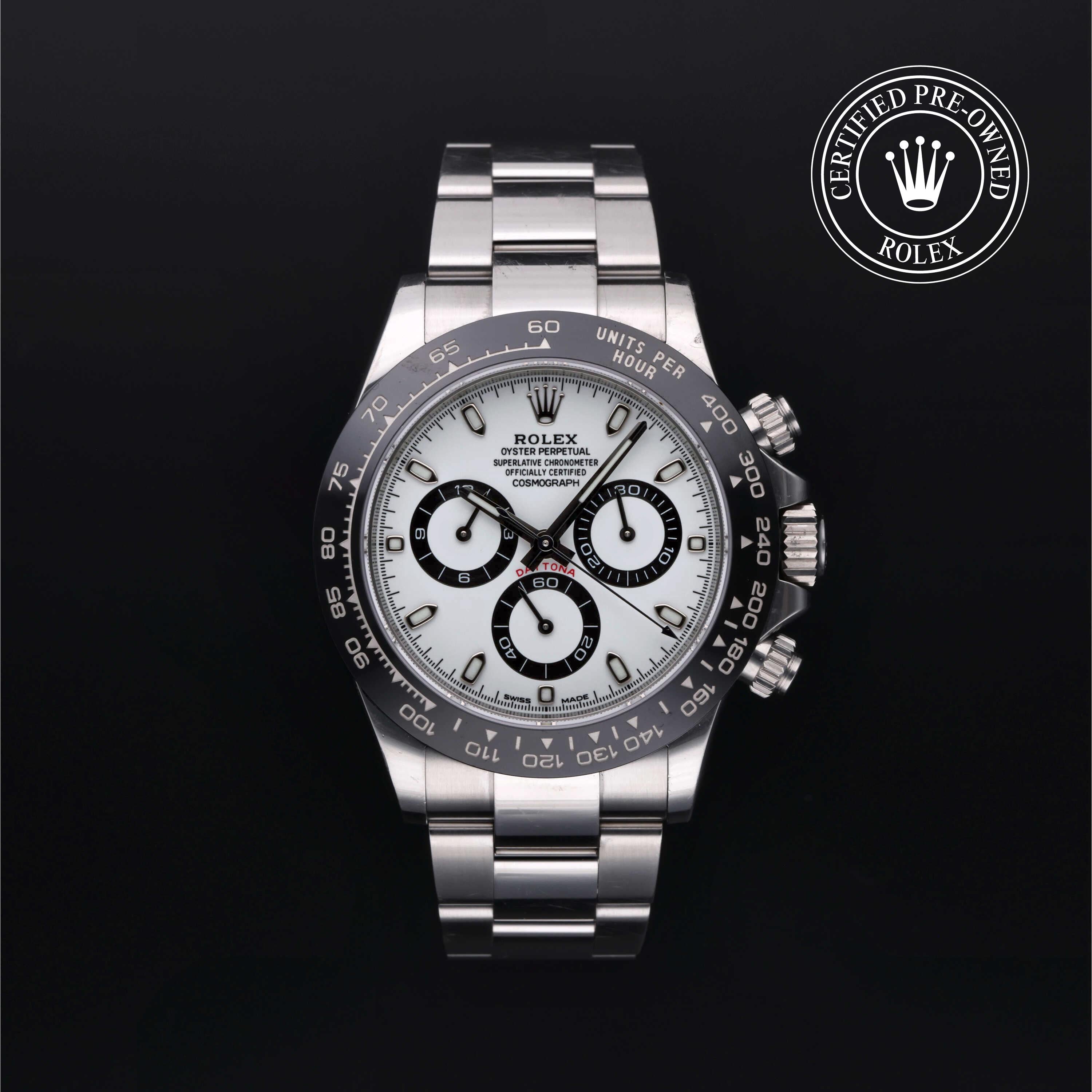 Silver Rolex with certified pre-owned logo with white dial and black markings on a black background