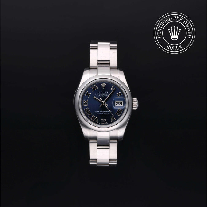 Silver Rolex watch with blue dial on a black background, featuring the 'Certified Pre-Owned' logo.
