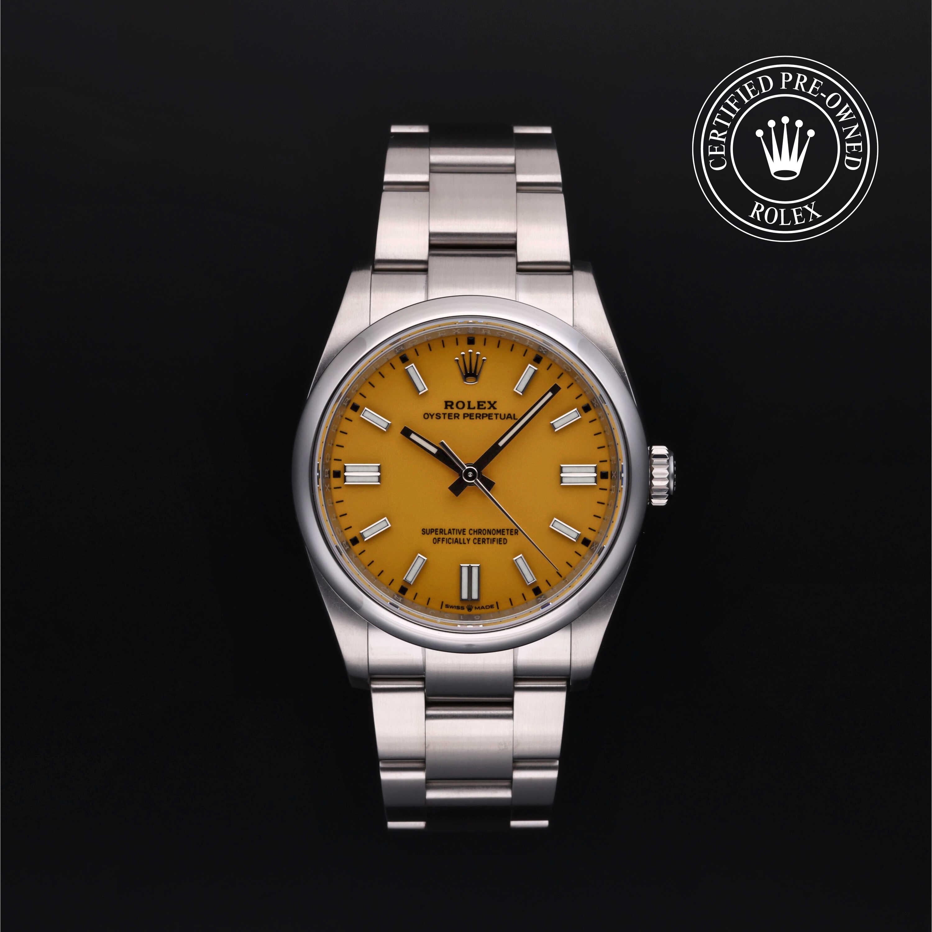 Rolex watch with yellow face and silver bracelet on a black background, featuring a 'Certified Pre-Owned Rolex' logo.