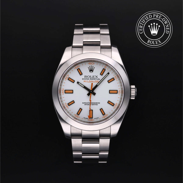 Rolex watch with a black background and 'Certified Pre-Owned Rolex' logo.