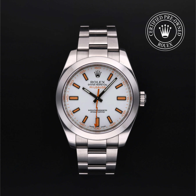Rolex watch with a black background and 'Certified Pre-Owned Rolex' logo.