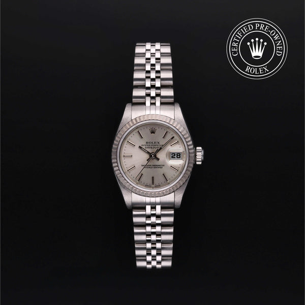 Silver Rolex watch on a black background with 'Certified Pre-Owned Rolex' logo.