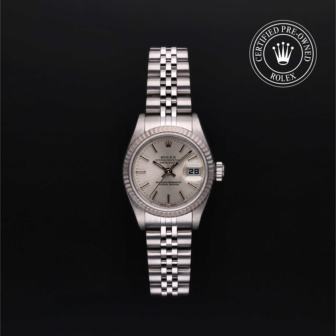 Silver Rolex watch on a black background with 'Certified Pre-Owned Rolex' logo.