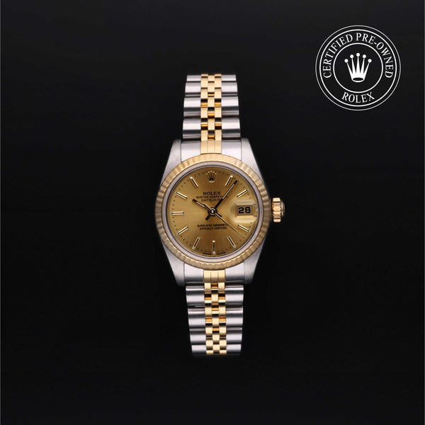 Two-tone Rolex watch with gold and silver band on a black background, featuring a 'Certified Pre-Owned Rolex' label.