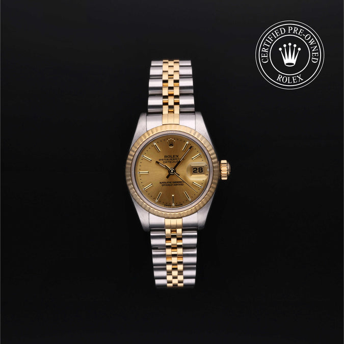 Two-tone Rolex watch with gold and silver band on a black background, featuring a 'Certified Pre-Owned Rolex' label.