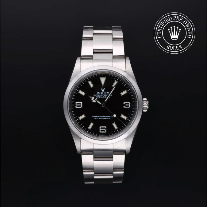 Rolex Explorer certified pre-owned timepiece with black dial on a black background