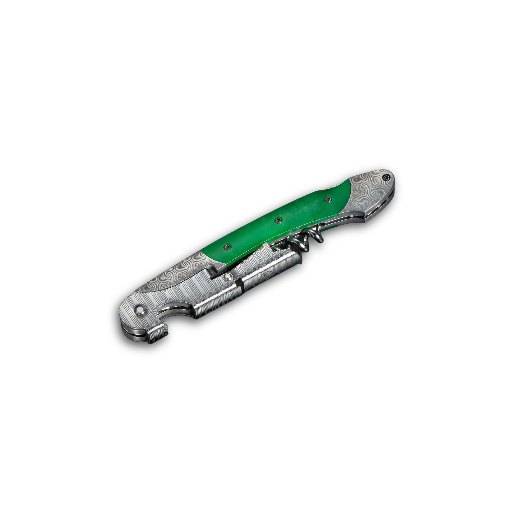 Angled view of William Henry Canopy wine opener and corkscrew (closed) showing green handle inlay and patterned steel body on white background