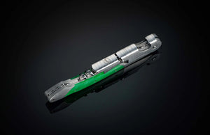 Angled view of William Henry Canopy wine opener showcasing steel body, green inlay and exposed corkscrew on dark background