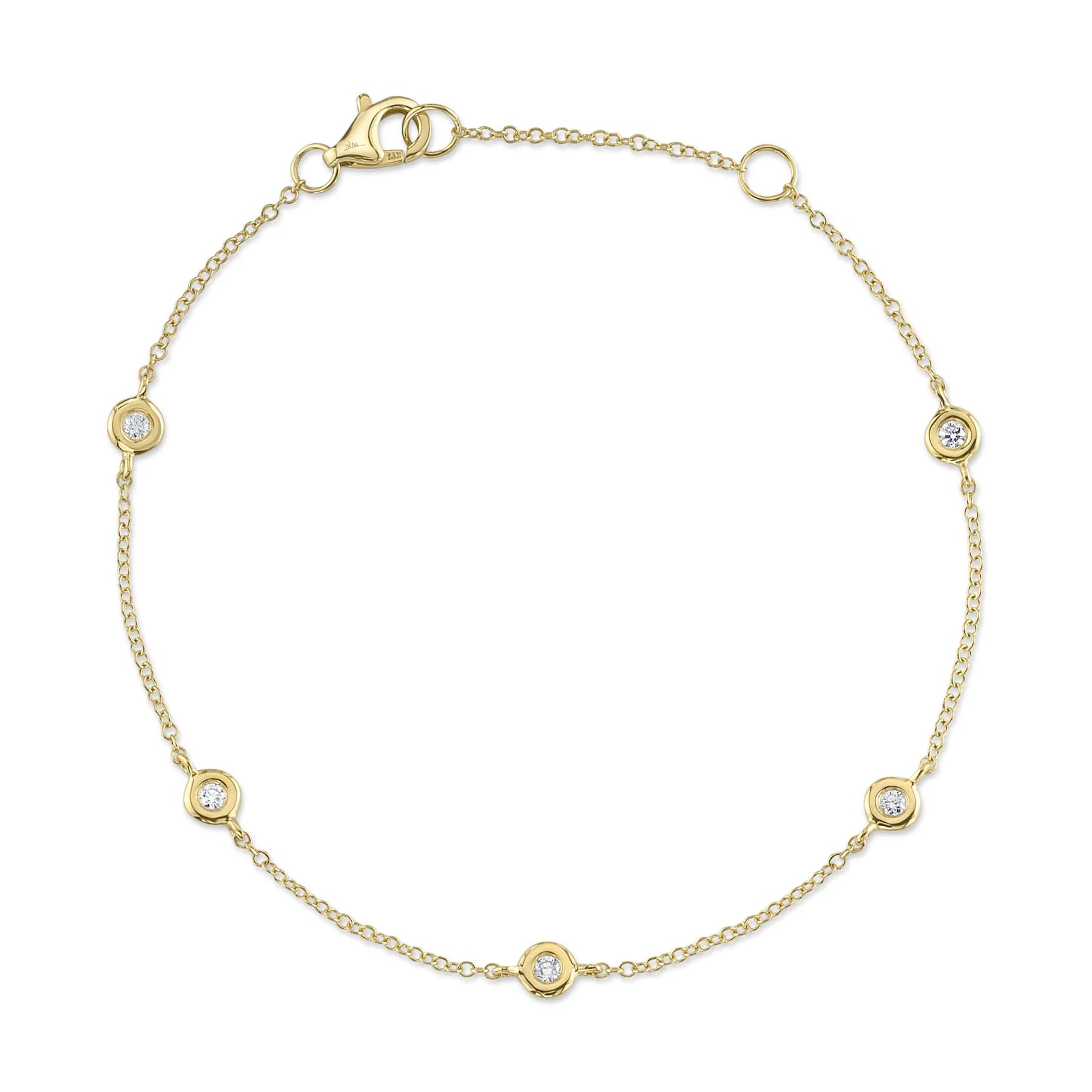14k yellow gold chain bracelet with five bezel-set round diamonds and lobster clasp