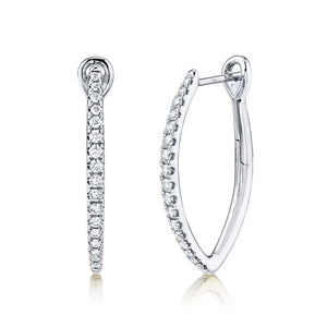 Hoop earrings with channel-set round diamonds on polished white gold, shown front and side views.