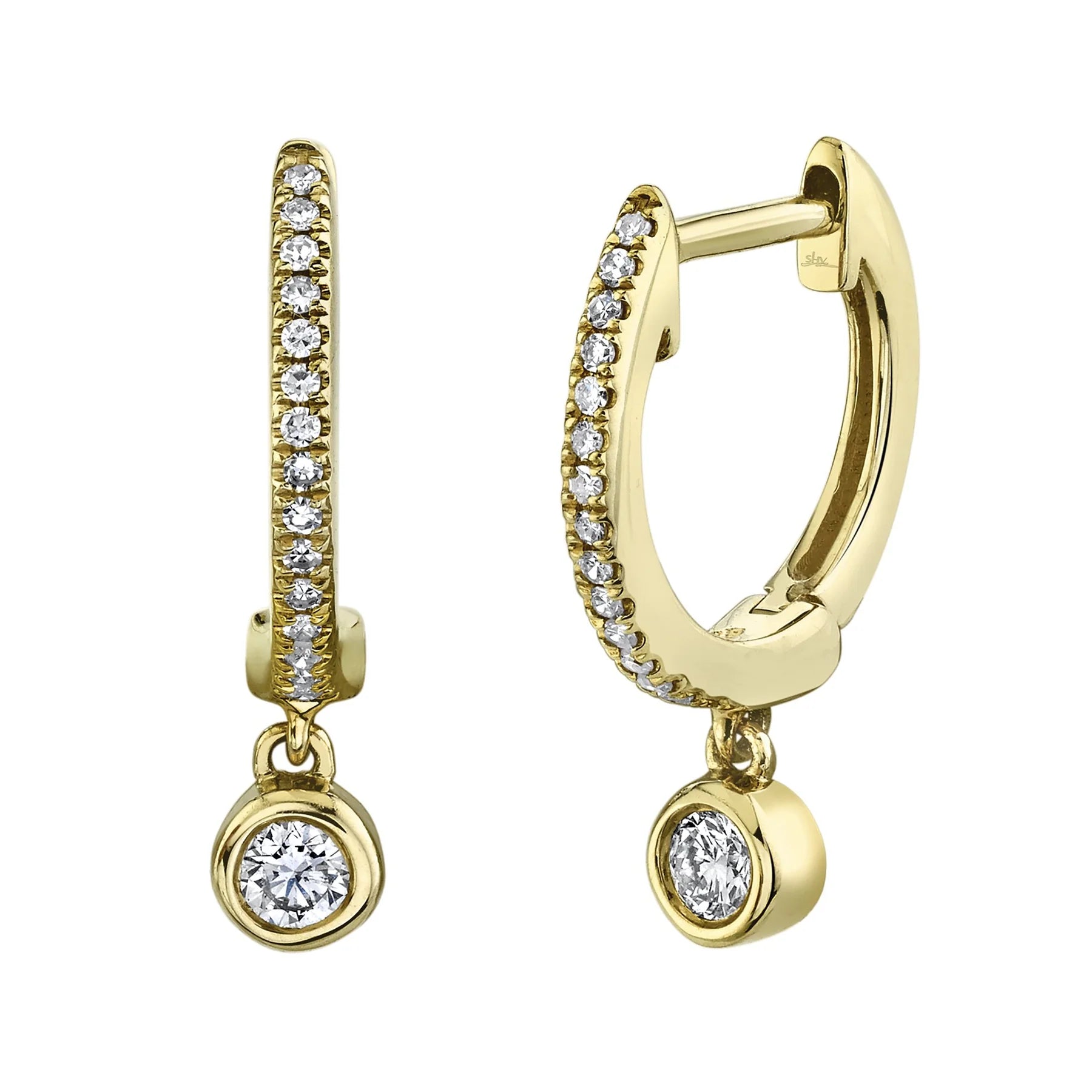 Yellow gold huggie hoop earrings with pavé-set diamonds and dangling bezel-set round diamond charms