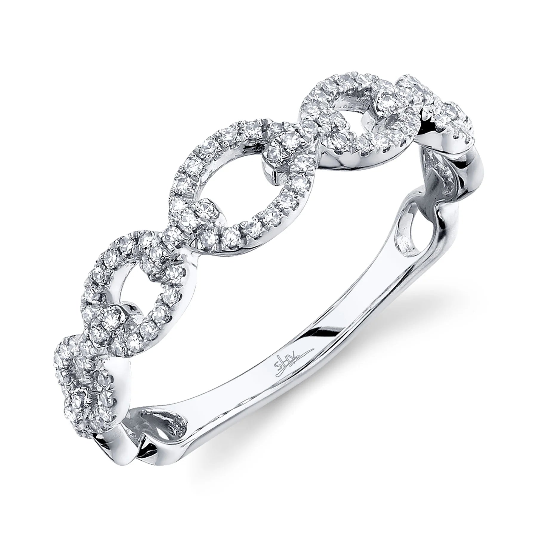 Angled close-up of 0.23ctw diamond link ring in 14K white gold showcasing linked pavé diamond circles on a white background