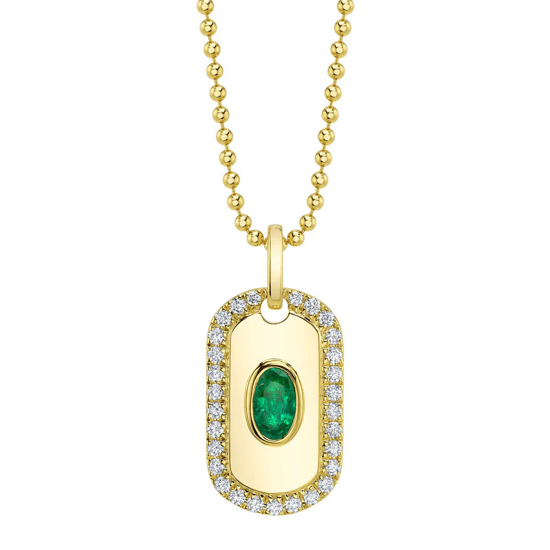 0.19ctw Diamond and Emerald Oval Dog Tag Necklace