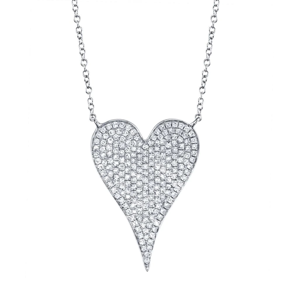Silver heart-shaped pendant necklace, pave-set with small round diamonds on a delicate chain