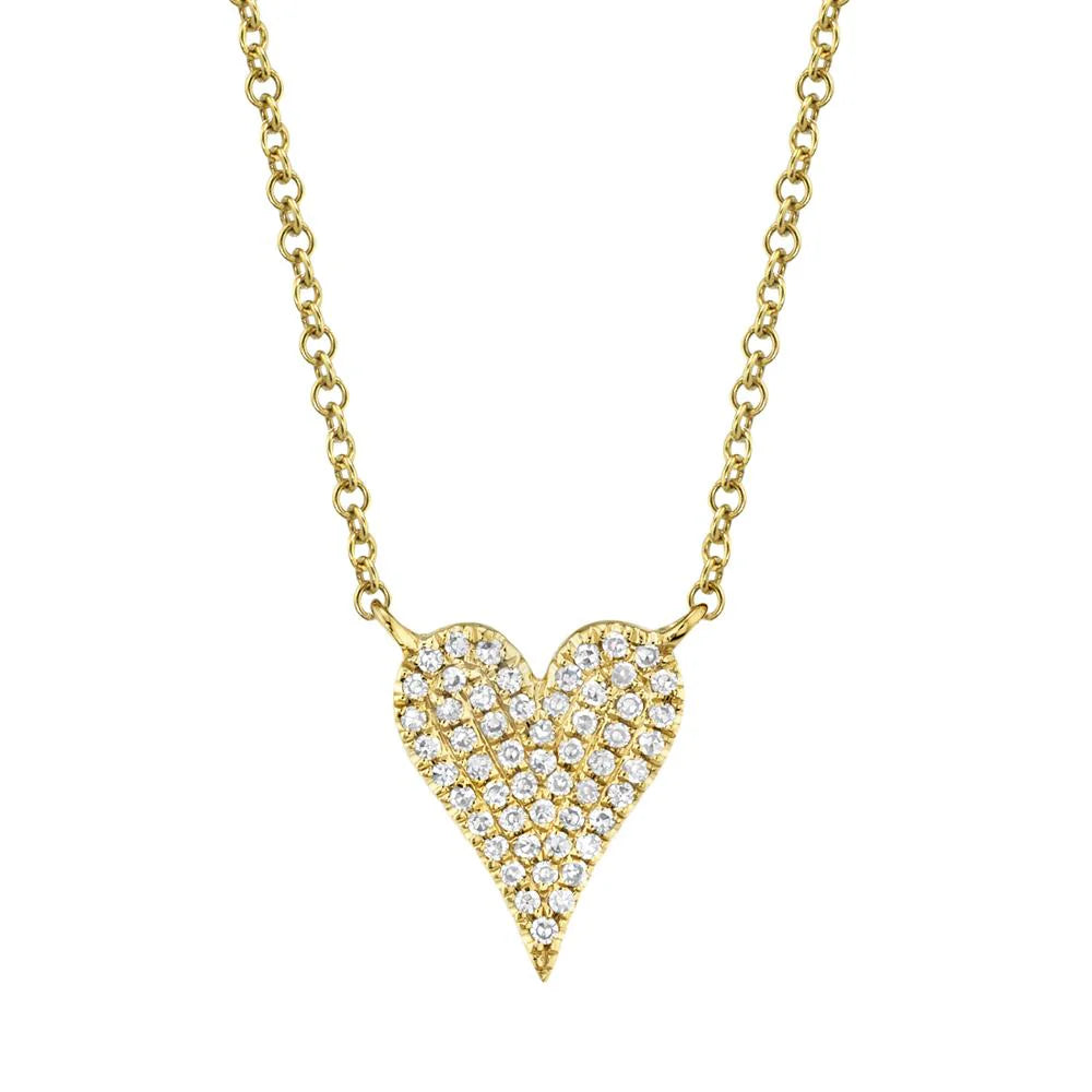 Front view of 14K yellow gold heart pendant necklace showcasing diamond pave on a cable chain against white background