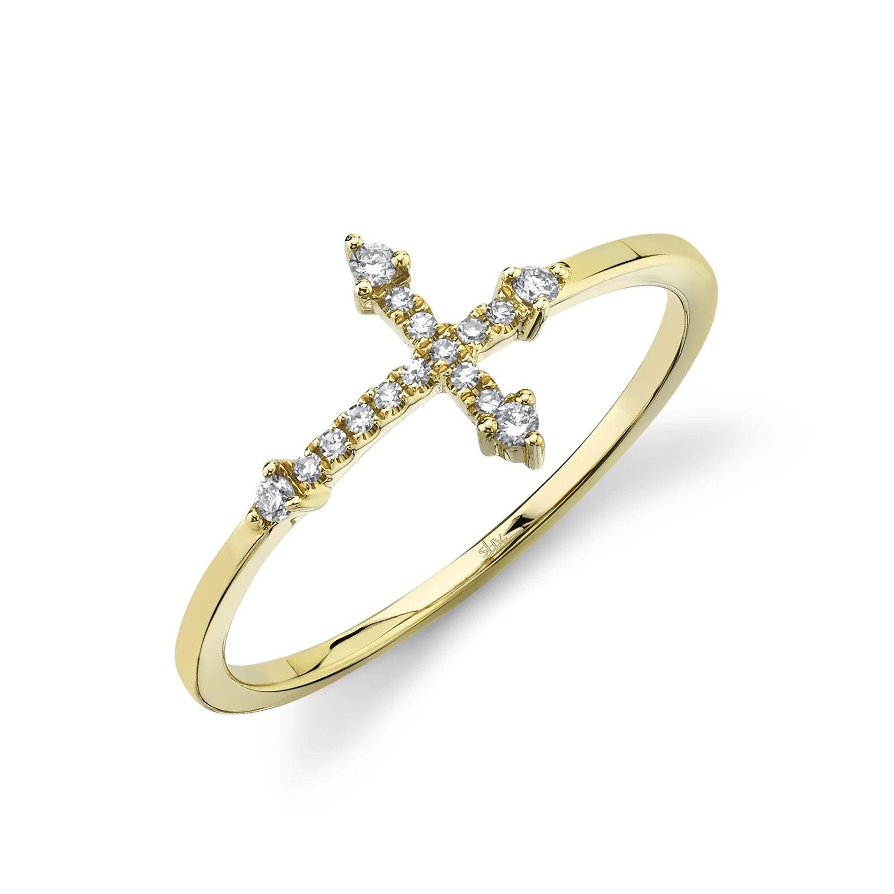 Thin yellow-gold ring featuring a horizontal cross formed of small round diamonds