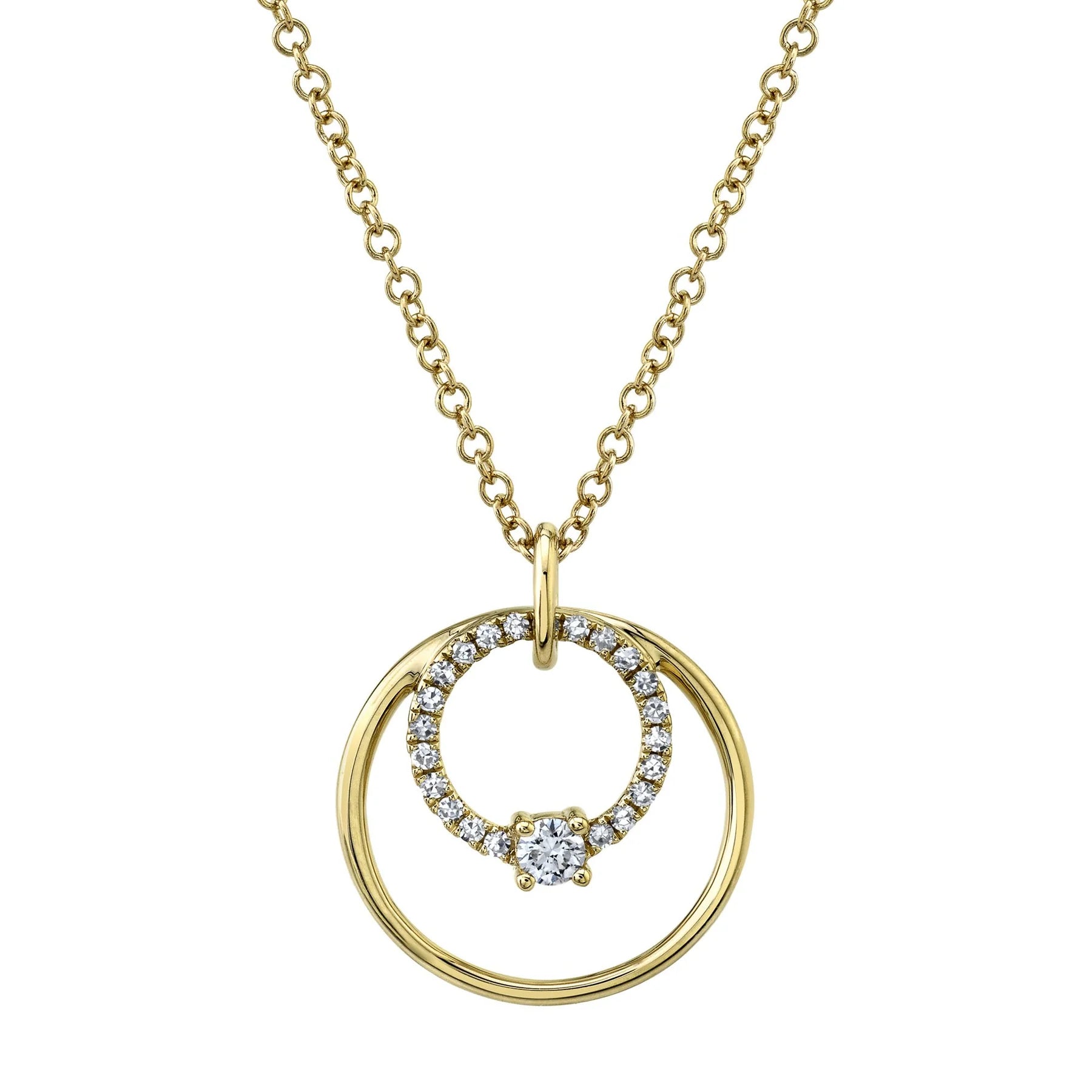 Gold necklace with two interlocking circles, inner pave diamond circle with central solitaire on a fine gold chain