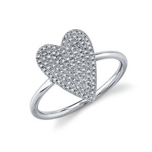 Three-quarter view of 14K white gold diamond pavé heart ring showing pavé diamonds on heart top, white background