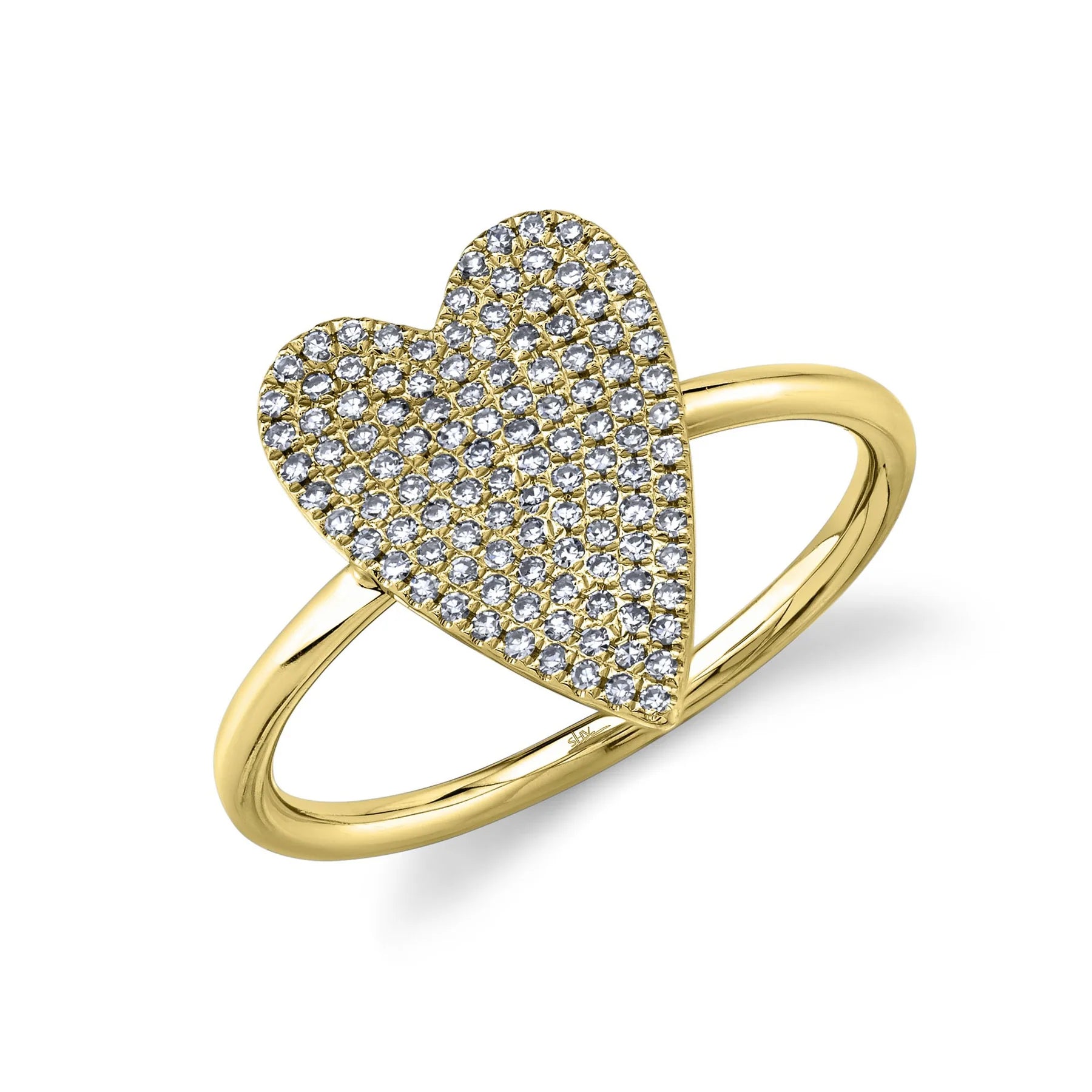 Angled view of Diamond Pave Heart Ring in 14K yellow gold showcasing pave-set diamonds on a heart-shaped top with white background