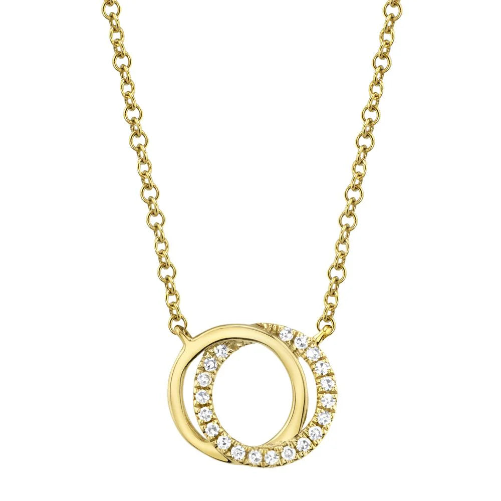 Front view of 14K yellow gold Love Knot necklace showcasing two interlocking circles, one pavé-set with 0.07 ctw diamonds on white background