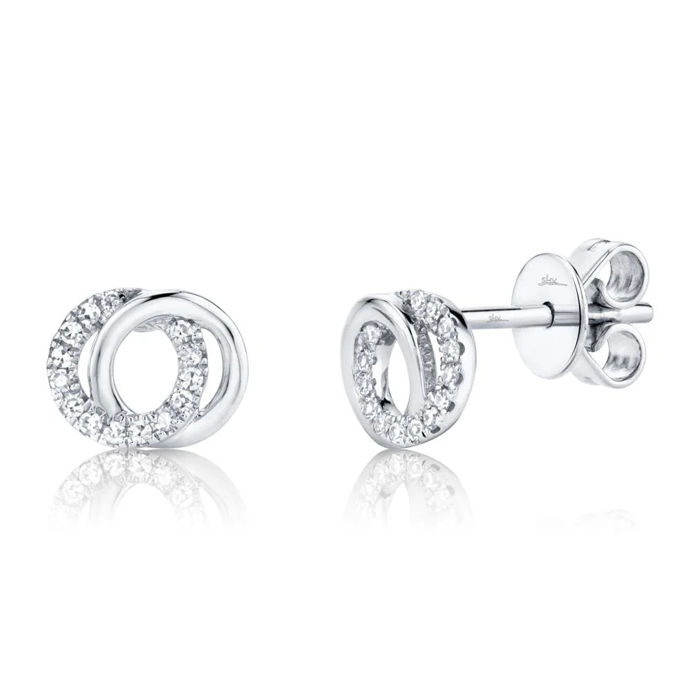 Front and side view of 0.09ctw Diamond Love Knot stud earring showcasing pavé diamonds on white background