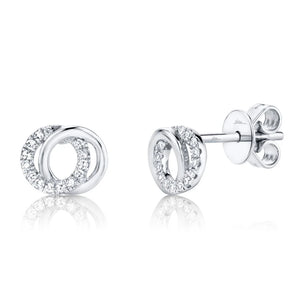 Front and side view of 0.09ctw Diamond Love Knot stud earring showcasing pavé diamonds on white background