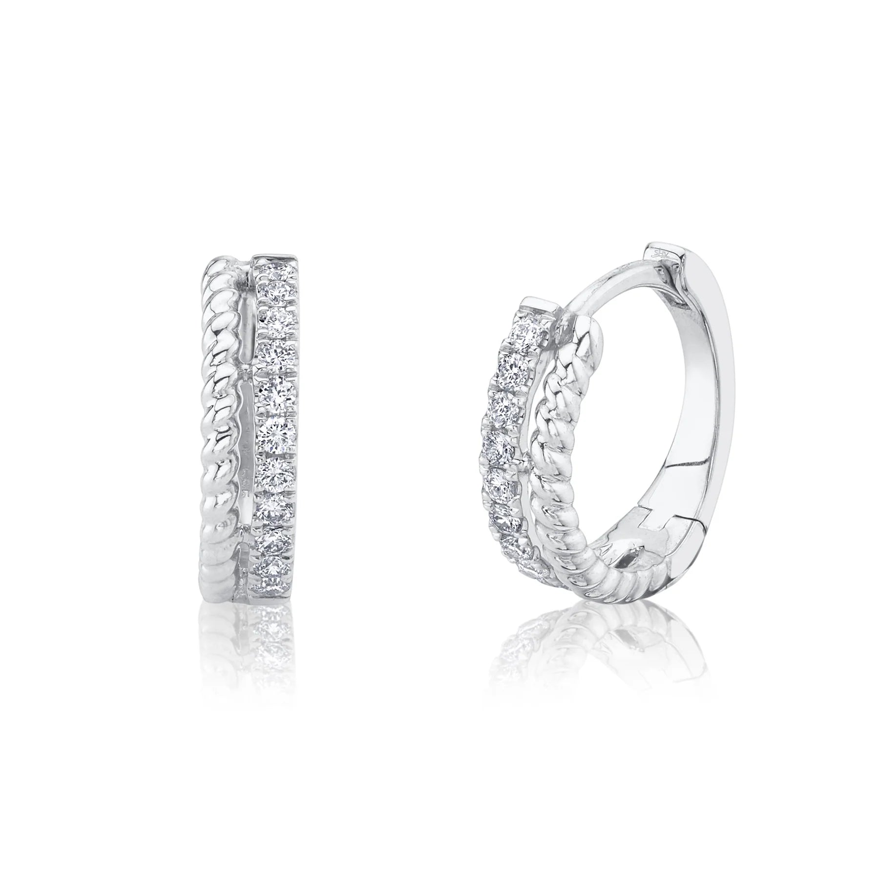 White gold hoop earrings with twisted rope detail and a single row of round brilliant diamonds