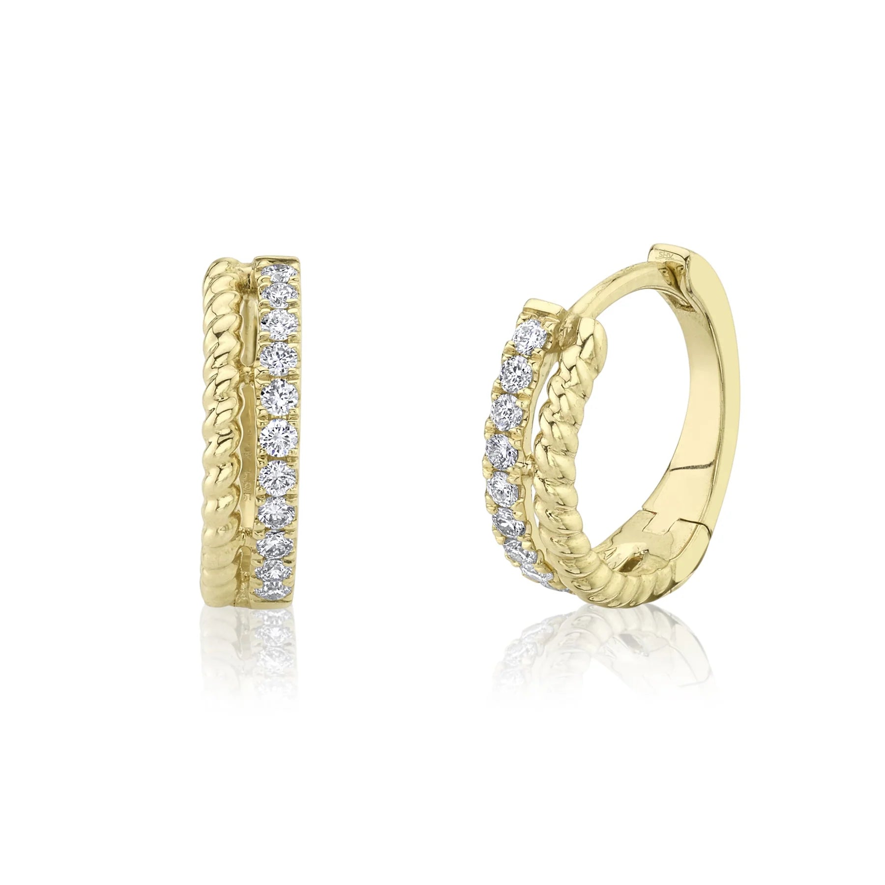 Yellow gold huggie hoop earrings with twisted rope edge and a row of round white stones