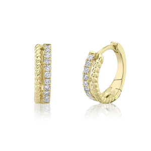 Yellow gold huggie hoop earrings with twisted rope edge and a row of round white stones