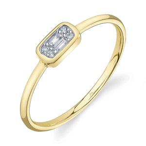 Thin yellow gold band with a small rectangular cluster of baguette and round diamonds
