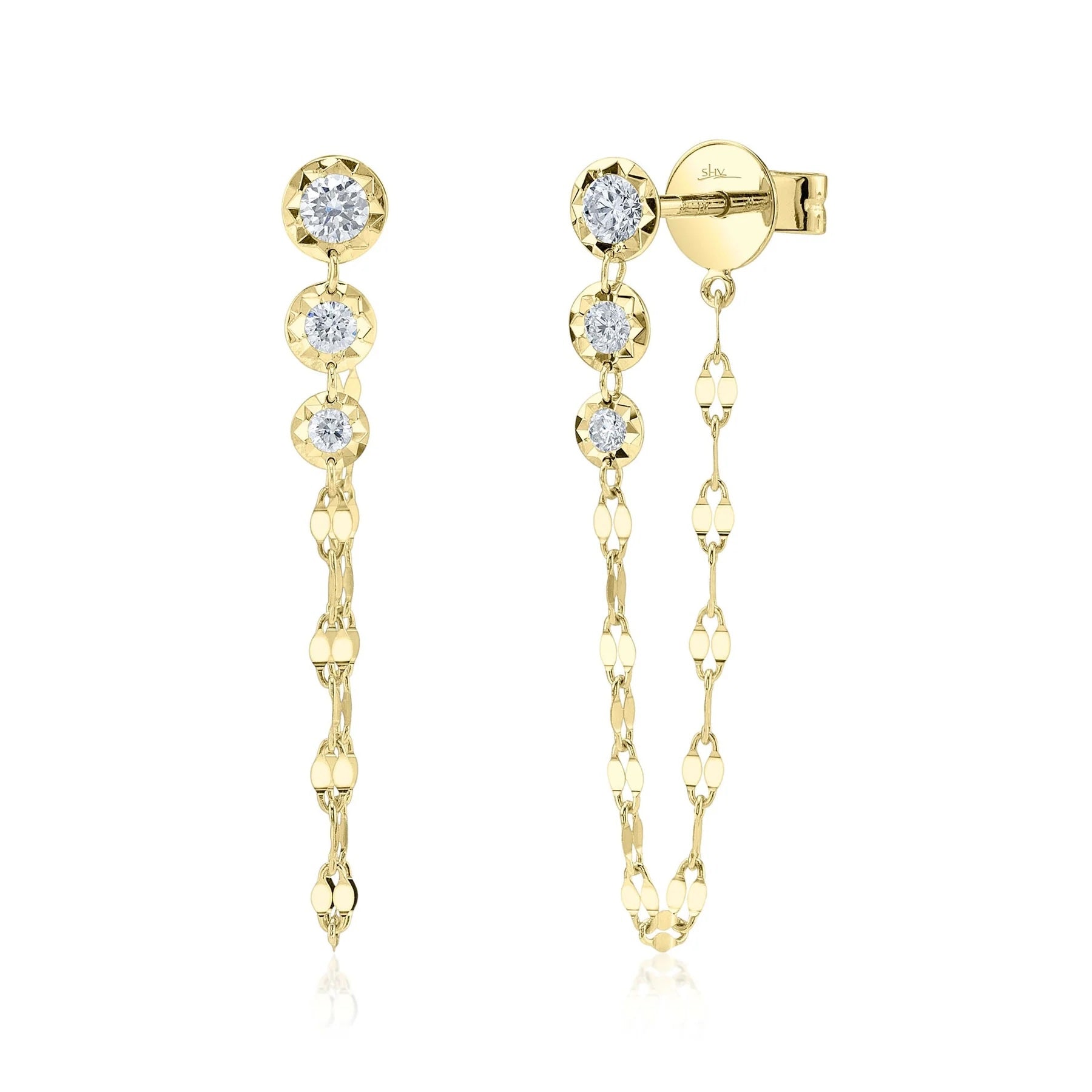 Yellow gold drop stud earrings with three bezel-set round diamonds and fine decorative chain