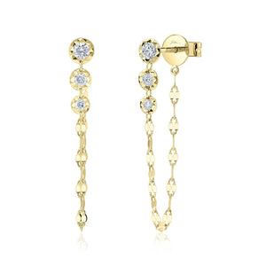 Yellow gold drop stud earrings with three bezel-set round diamonds and fine decorative chain