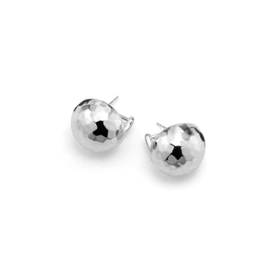 Front view of Pinball stud earrings in 925 silver with hand hammered spherical domes on white background