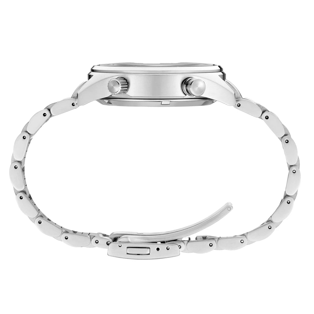 Side view of Seiko SFJ001 Prospex Speedtimer showing slim stainless case, crown and pushers on white background